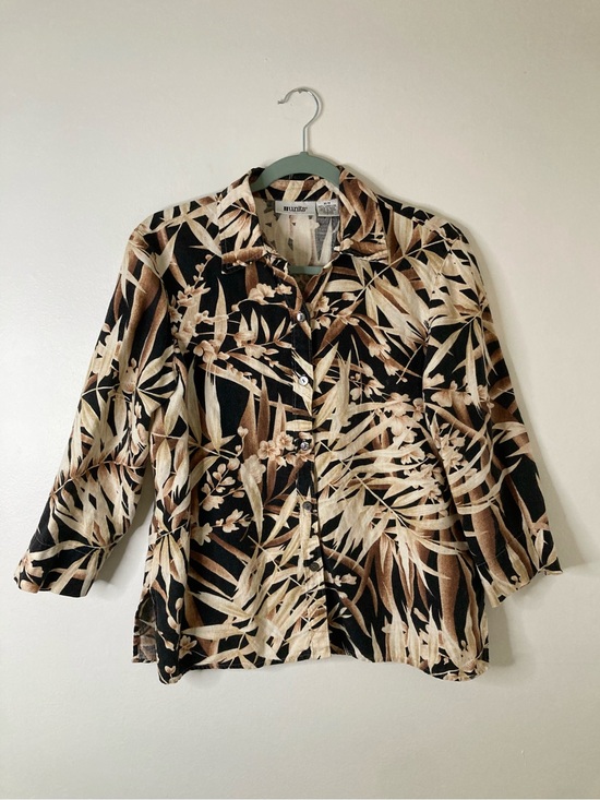 Units Tops - UNITS Vintage 100% Linen Tropical Palm Leaf Print Button Up Blouse Medium